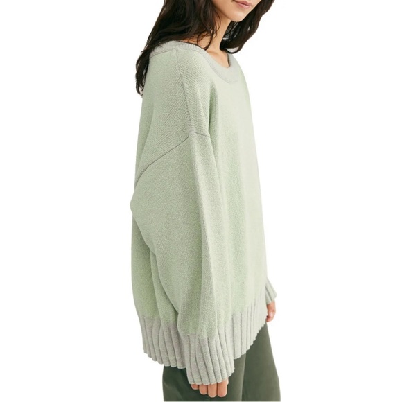 Free People Street Fair Knit Oversized Pullover Sweater Light Green & Grey sz S - Picture 3 of 12